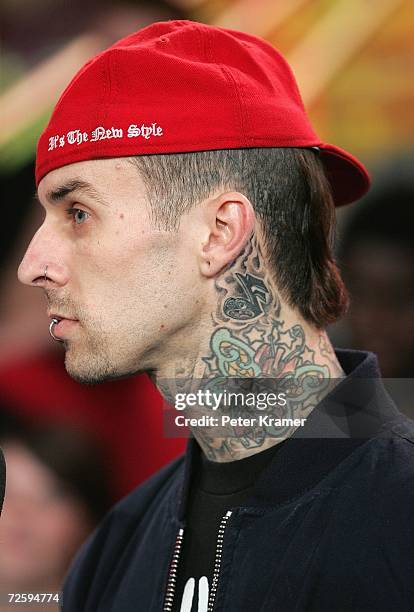 Musician Travis Barker of the group appears onstage during MTV's Total Request Live at the MTV Times Square Studios on November 17, 2006 in New York...