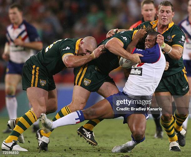 Gareth Raynor of the Lions is tackled during the Tri-Nations Series match between the Australian Kangaroos and the Great Britain Lions at Suncorp...