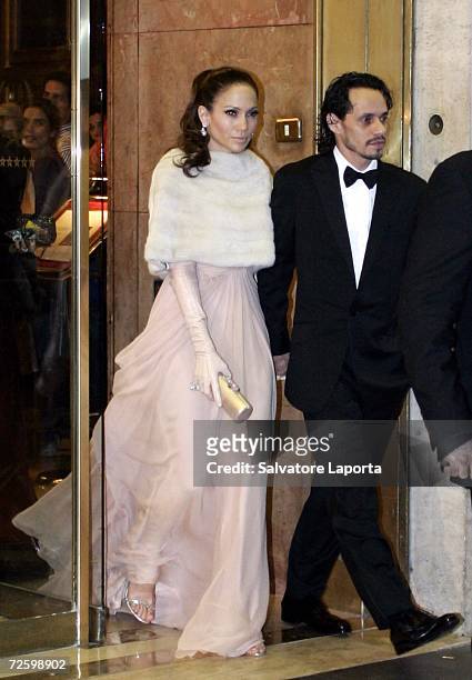Jennifer Lopez and Marc Anthony leave the Hassler Hotel prior to the wedding of actors Katie Holmes and Tom Cruise at Castello Odescalchi on November...