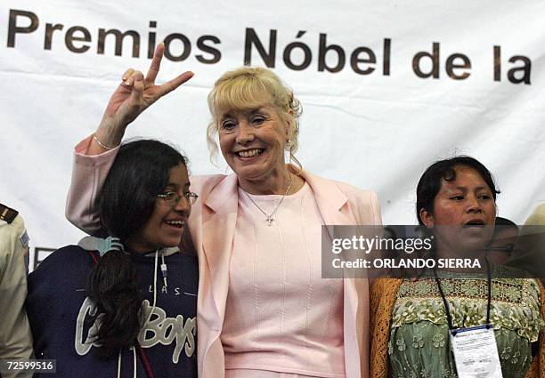 Irish Nobel Prize laurate Betty Willians gestures during a meeting with youngsters and with Nobel Peace Prize laureates US Jody Williams and...