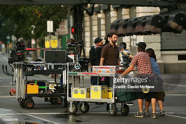 Crew sets up cameras for the filming a mobile phone commercial on-location on November 18, 2006 in Los Angeles, California. A report released this...