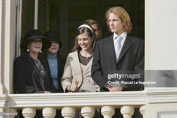 Baroness Elisabeth-Anne de Massy and Charlotte, Pierre and Andrea Casiraghi attend the Army Parade as part of Monaco's National Day celebrations on...