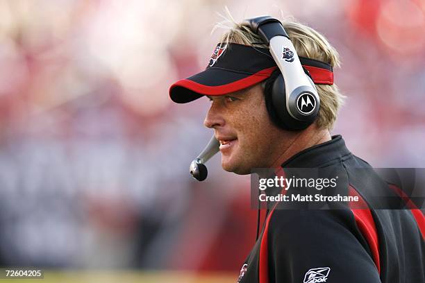 Head coach Jon Gruden of the Tampa Bay Buccaneers watches his team against the Washington Redskins at Raymond James Stadium November 19, 2006 in...