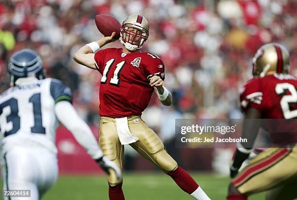 Alex Smith of the San Francisco 49ers passes the ball during the NFL game against the Seattle Seahawks at Monster Park on November 19, 2006 in San...