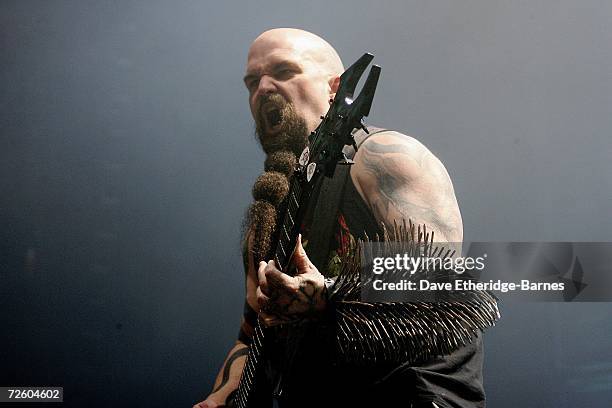 Kerry King of Slayer performs on stage during the Chapter II of 'The Unholy Alliance Tour' 2006 at the Carling Brixton Academy on November 19, 2006...