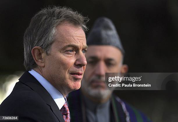 Prime Minister Tony Blair and President Hamid Karzai hold a press conference at the presidential palace after their meeting on November 20, 2006 in...