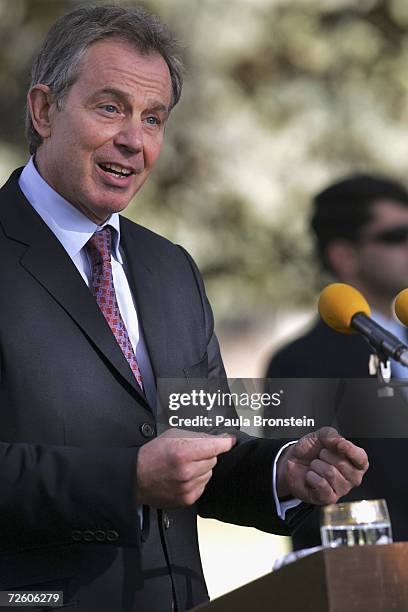 British Prime Minister Tony Blair speaks to the press during a press conference with Afgan President Hamid Karzai at the presidential palace after...