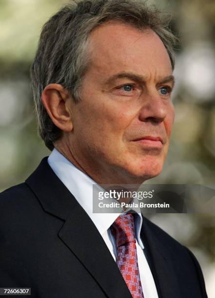 British Prime Minister Tony Blair looks on at a meeting with the media, held with Afghan President Hamid Karzai, on November 20, 2006 at the...