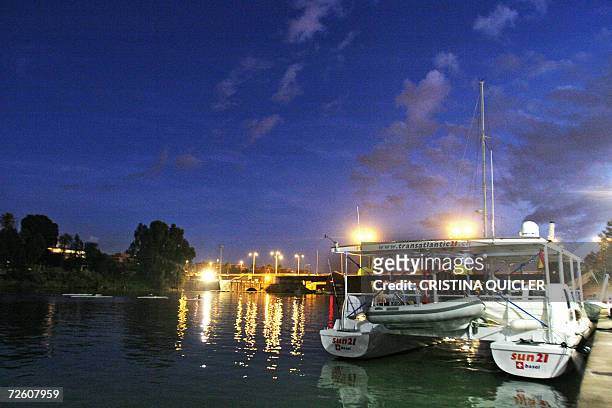Solar-powered Swiss catamaran is seen 20 November 2006 at the port of Sevilla. The catamaran was undergoing preparations Today for what is billed as...