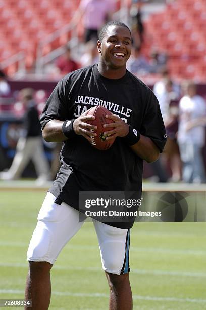 Quarterback Byron Leftwich, of the Jacksonville Jaguars, warms up prior to a game on October 1, 2006 against the Washington Redskins at Fedex Field...