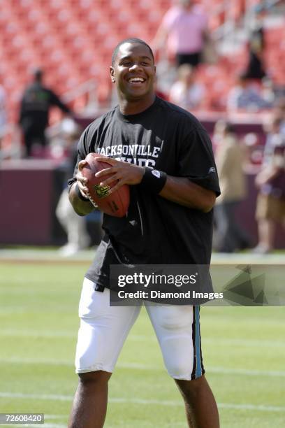 Quarterback Byron Leftwich, of the Jacksonville Jaguars, warms up prior to a game on October 1, 2006 against the Washington Redskins at Fedex Field...