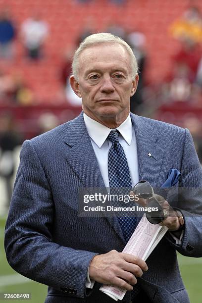 Owner Jerry Jones, of the Dallas Cowboys, on the field prior to a game on November 5, 2006 against the Washington Redskins at Fedex Field in...