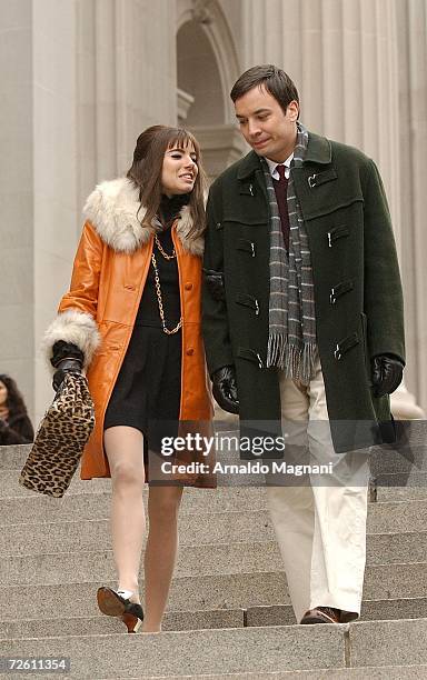 Actors Sienna Miller and Jimmy Fallon on location in front of the The Metropolitan Museum of Art while filming ''Factory Girl'' on November 20, 2006...