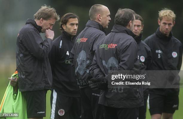 Sports director Holger Stanislawski gives instructions during the training session of FC St. Pauli at the Kollaustrasse on November 20, 2006 in...