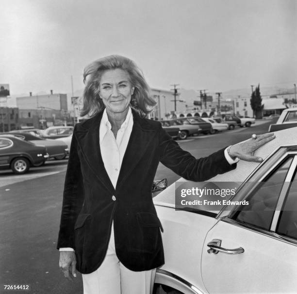 American actress Jeanne Cooper, star of the long-running American TV soap 'The Young and the Restless', in a parking lot, May 1974.