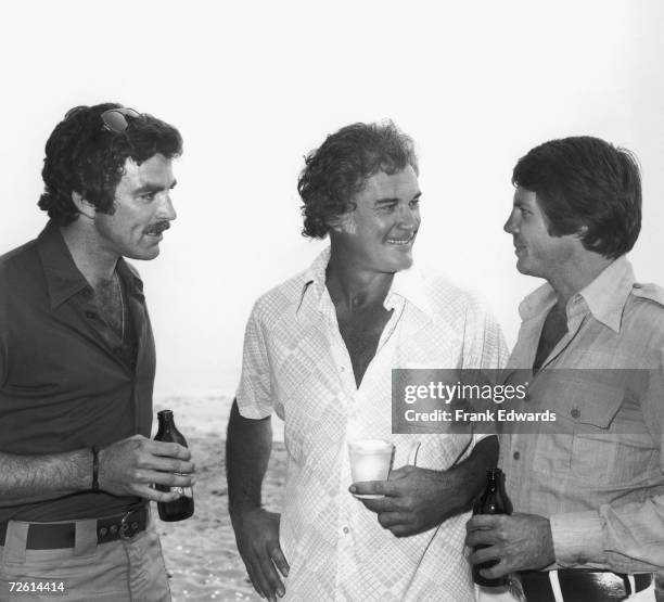 American actor Robert Colbert talks to Tom Selleck and Steve Carlson, two co-stars from the long-running American TV soap 'The Young and the...