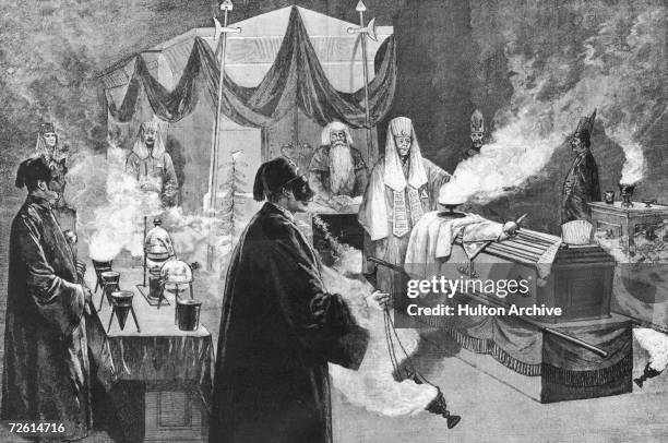 Depiction of a ritual taking place in a masonic lodge, New York, circa 1900.