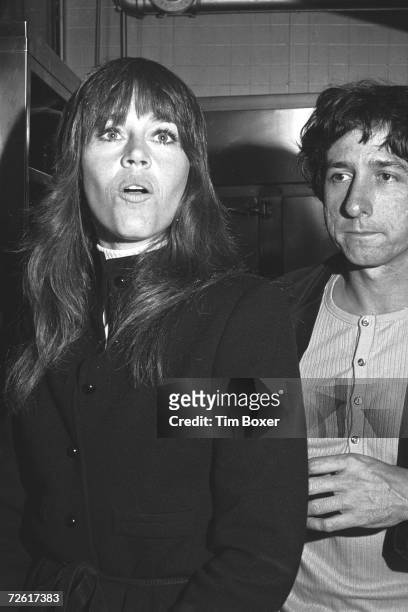 American film actress Jane Fonda and her second husband political activist and politician Tom Hayden are photographed in a commercial or...