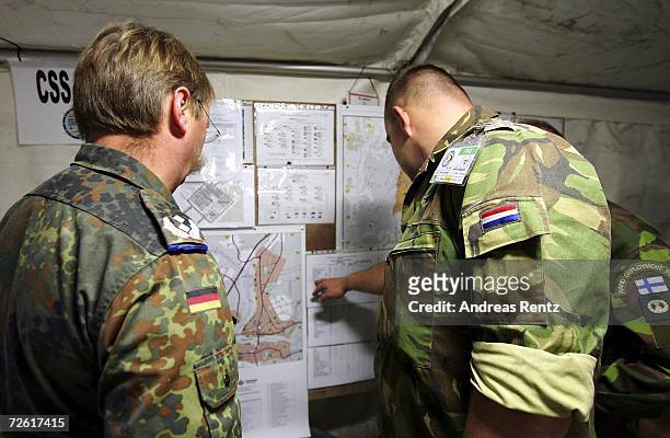 Soldiers work at the Force Headquarters on November 21, 2006 in Leipheim near Ulm, Germany. Based on the EU Battlegroups concept, Germany, the...
