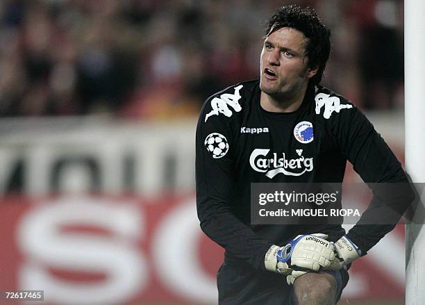 Copenhagen's goalkeeper Jesper Christiansen reacts during their UEFA Champions League group F football match against SL Benfica at the Luz Stadium in...