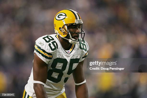 Wide receiver Greg Jennings of the Green Bay Packers lines up for a play during the game against the Minnesota Vikings on November 12, 2006 at the...