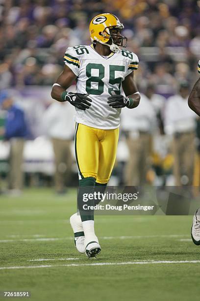 Wide receiver Greg Jennings of the Green Bay Packers stands on the field during the game against the Minnesota Vikings on November 12, 2006 at the...