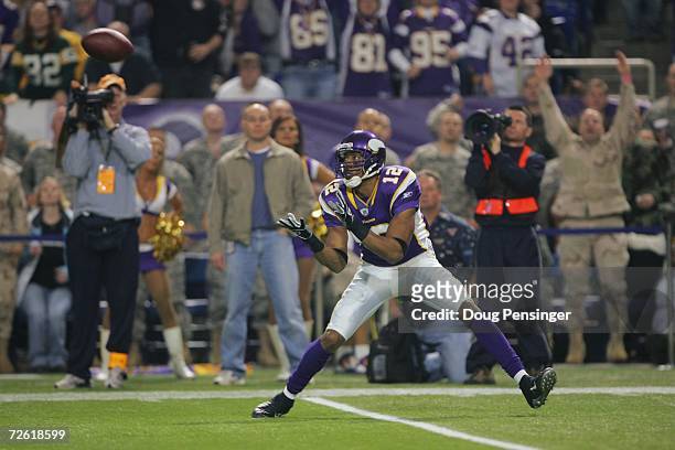 Wide receiver Billy McMullen of the Minnesota Vikings catches a pass during the game against the Green Bay Packers on November 12, 2006 at the...