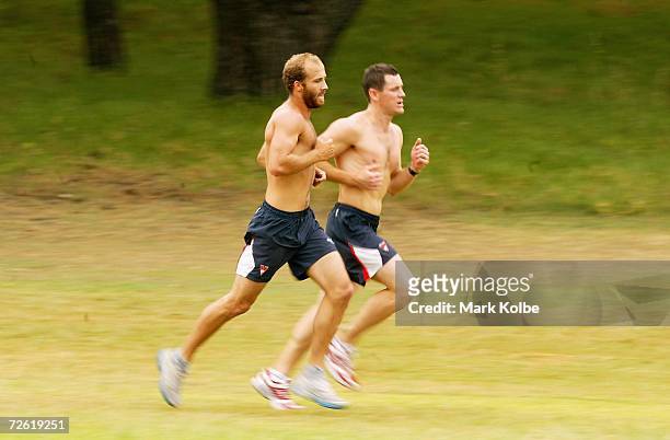 Jarrad McVeigh and Ben Matthews of the Sydney Swans takes part in time trial at the Sydney Swans training session at Centennial Park November 22,...