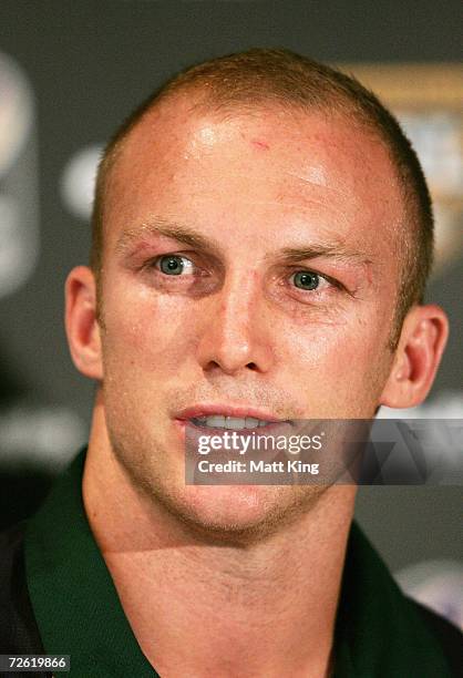 Darren Lockyer of the Kangaroos speaks with the media during the Tri Nations Final Captain's press conference at Aussie Stadium November 22, 2006 in...