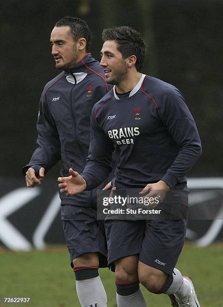 Wales centre Sonny Parker looks on as Gavin Henson raises a smile during Wales Training today at Sophia Gardens on November 22 2006 in Cardiff, Wales.