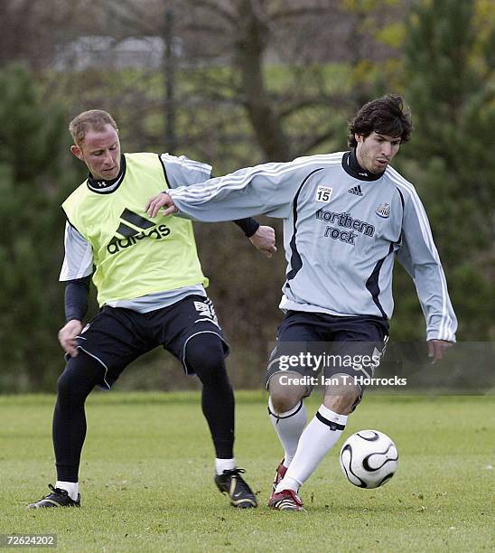 Albert Luque and Nicky Butt in action during a Newcastle United training session on November 22, 2006 in Newcastle-upon-Tyne, England. Newcastle...