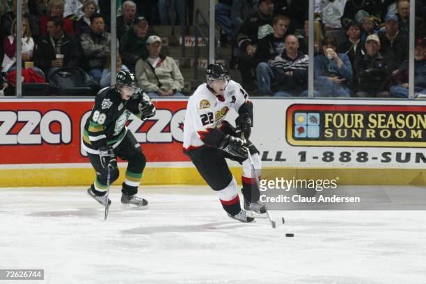 Bob Sanguinetti of the Owen Sound Attack skates against the London Knights at the John Labatt Centre on September 29, 2006 in London, Ontario, Canada.
