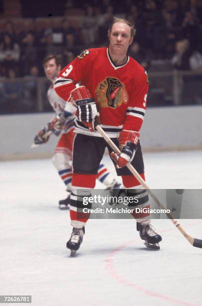 Canadian hockey player Bobby Hull on the ice during a game against the New York Rangers, late 1960s or early 1970s.