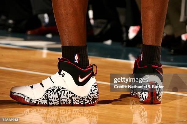 Shoes worn by LeBron James of the Cleveland Cavaliers during the game against the New York Knicks at Madison Square Garden on November 13, 2006 in...
