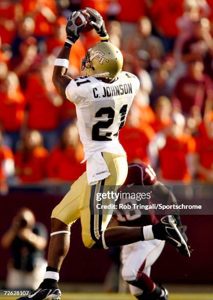 Wide Receiver Calvin Johnson of the Georgia Tech Yellow Jackets makes a catch against the Virgina Tech Hokies on September 30, 2006 at Lane Stadium...