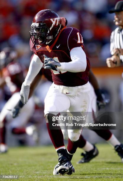 Linebacker Xavier Adibi of the Virginia Tech Hokies in action against the Georgia Tech Yellow Jackets on September 30, 2006 at Lane Stadium in...