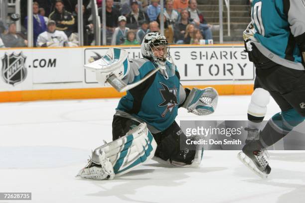 Vesa Toskala of the San Jose Sharks blocks a shot during a game against the Pittsburgh Penguins on November 4, 2006 at the HP Pavilion in San Jose,...