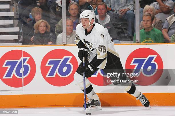 Sergei Gonchar of the Pittsburgh Penguins skates with the puck during a game against the San Jose Sharks on November 4, 2006 at the HP Pavilion in...