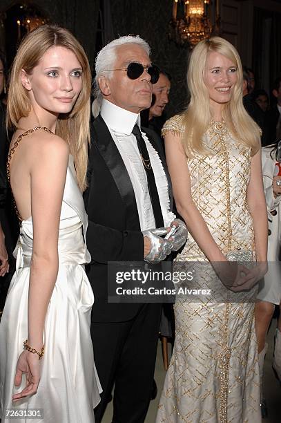 Actress Mischa Barton, designer Karl Lagerfeld and model Claudia Schiffer attend the Marie Clare Awards French Embassy November 22, 2006 in Madrid,...