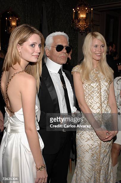 Actress Mischa Barton, designer Karl Lagerfeld and model Claudia Schiffer attend the Marie Clare Awards French Embassy November 22, 2006 in Madrid,...