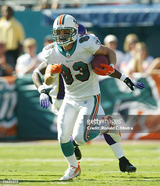 Wide receiver Wes Welker of the Miami Dolphins after catching a pass in a game against the Minnesota Vikings at Dolphin Stadium on November 12, 2006...