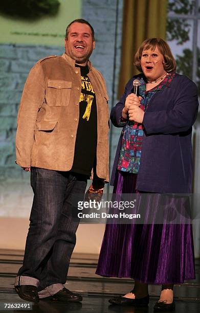Radio DJ Chris Moyles participates in a sketch performed by Matt Lucas onstage during "Little Britain's Big Night" charity gala performance in aid of...