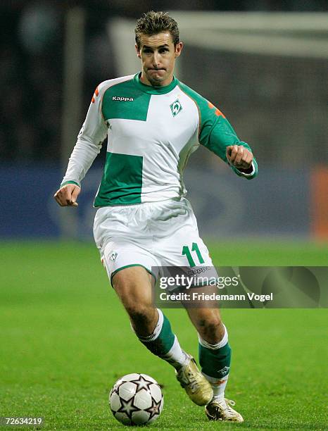 Miroslav Klose of Werder Bremen in action during the UEFA Champions League Group A match between Werder Bremen and Chelsea at the Weser Stadium on...