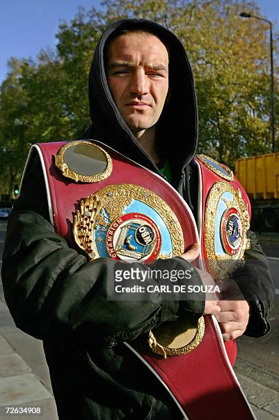 United Kingdom: British WBO Featherweight Champion Scott Harrison poses for photographers in central London, 23 November 2006. Harrison was on...