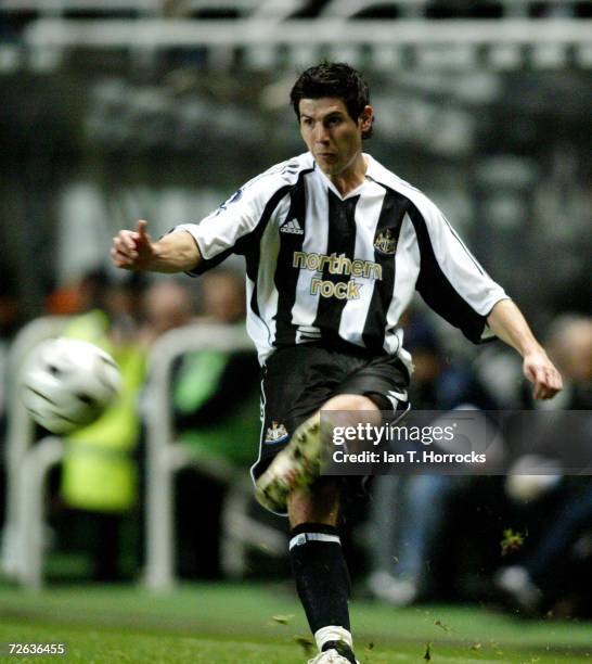 Albert Luque of Newcastle strikes the ball during the UEFA Cup Group H match between Newcastle United and Celta De Vigo at St. James' Park on...