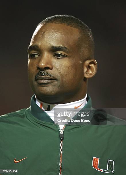 Defensive coordinator Randy Shannon of the University of Miami Hurricanes watches his team go through drills before taking on the Boston College...