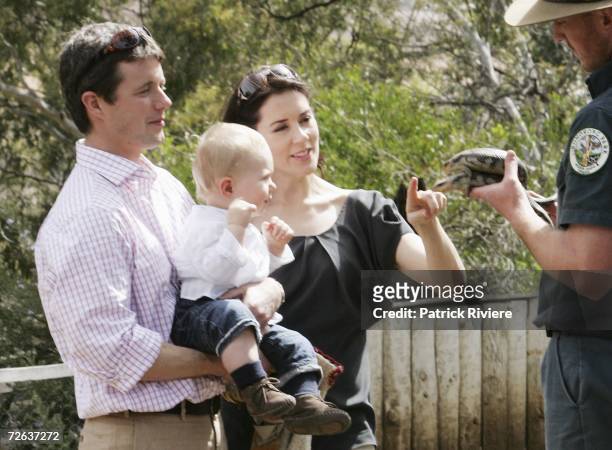 Crown Prince Frederik and pregnant Crown Princess Mary Of Denmark pose with their son Crown Prince Christian of Denmark with two blue tongue lizards...