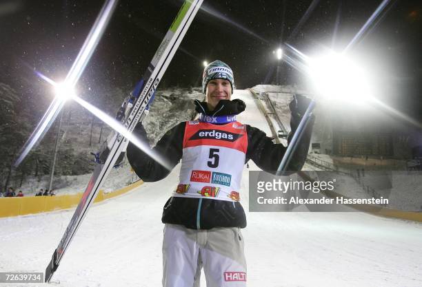 Arttu Lappi of Finland celebrates winning the first Ski-jumping event of the season, at the FIS World Cup Nordic Opening 2006 on November 24, 2006 in...