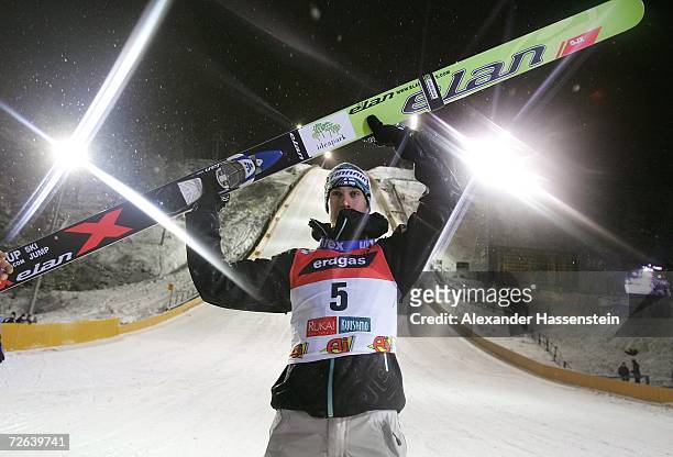 Arttu Lappi of Finland celebrates winning the first Ski-jumping event of the season, at the FIS World Cup Nordic Opening 2006 on November 24, 2006 in...