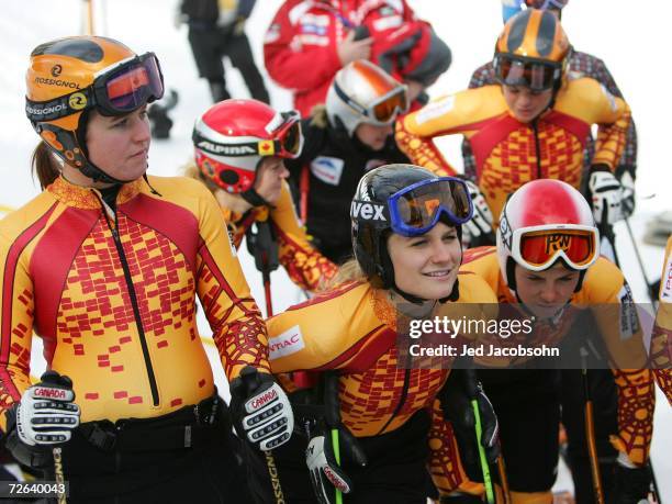 Shona Rubens , Brigitte Acton , Genevieve Simard of Canada warm up during practice for the FIS Womens Alpine World Cup Giant Slalom on November 24,...